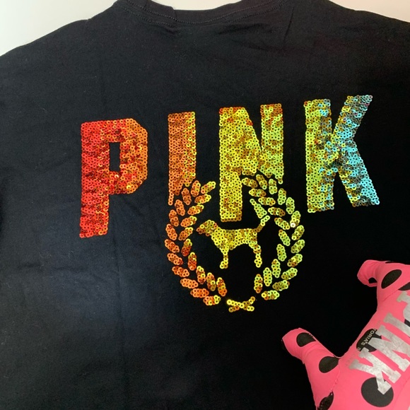 PINK VS BLING RAINBOW LOGO SEQUINED CAMPUS TEE - Picture 6 of 8